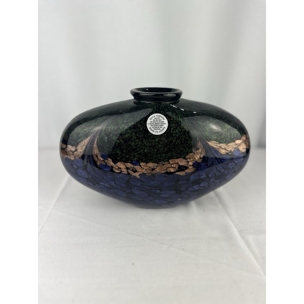 Dale Tiffany Gorgeous Vintage Art Glass Heavy Vase with Flecks Green Blue Gold
